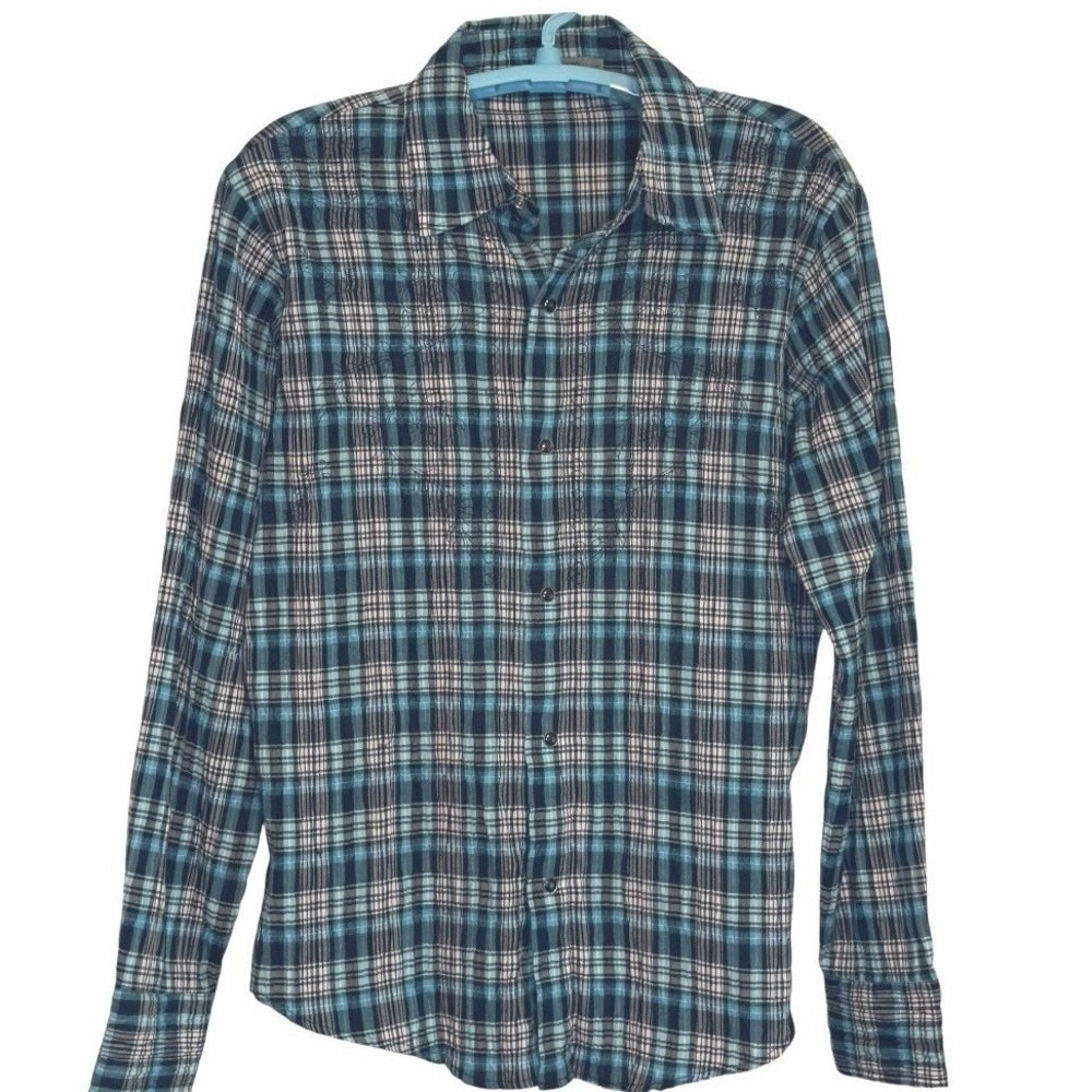 Pop Icon Plaid Western Shirt Mens Blue Embroidered Snap Front Rockabilly Indie L